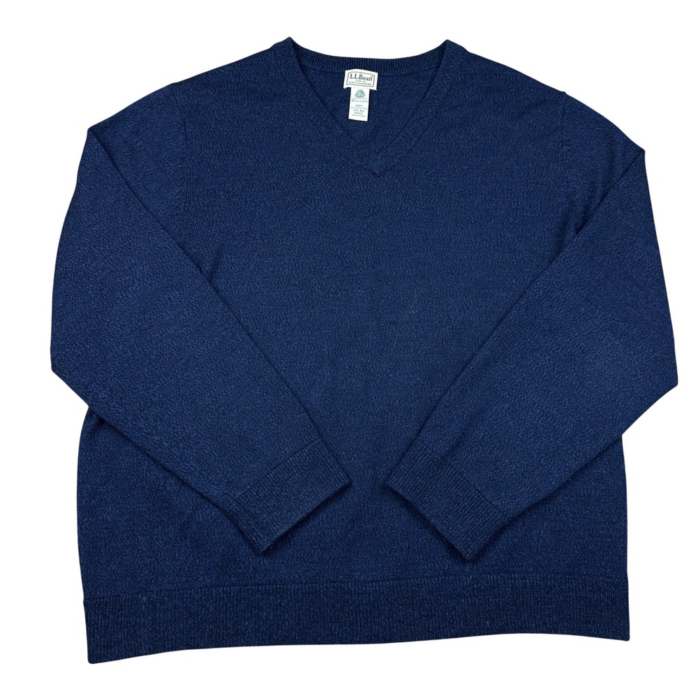 LL Bean Mens XXL Navy Blue 100% Merino Wool V-Neck Sweater Knit Pullover XLG Big